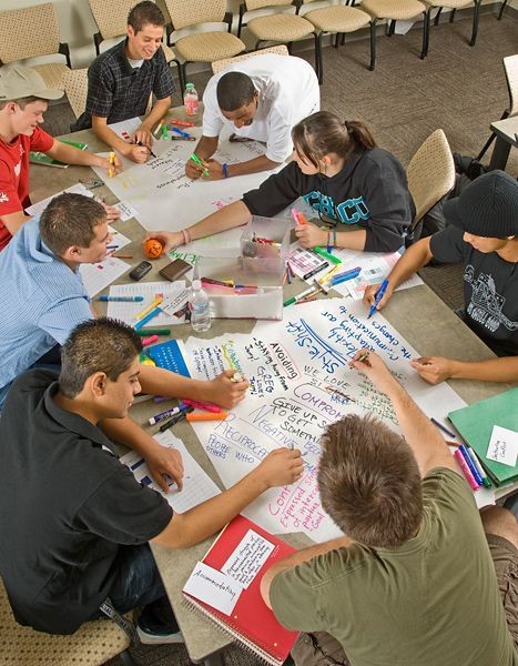 Students working together around a table, writing ideas on large sheets of paper