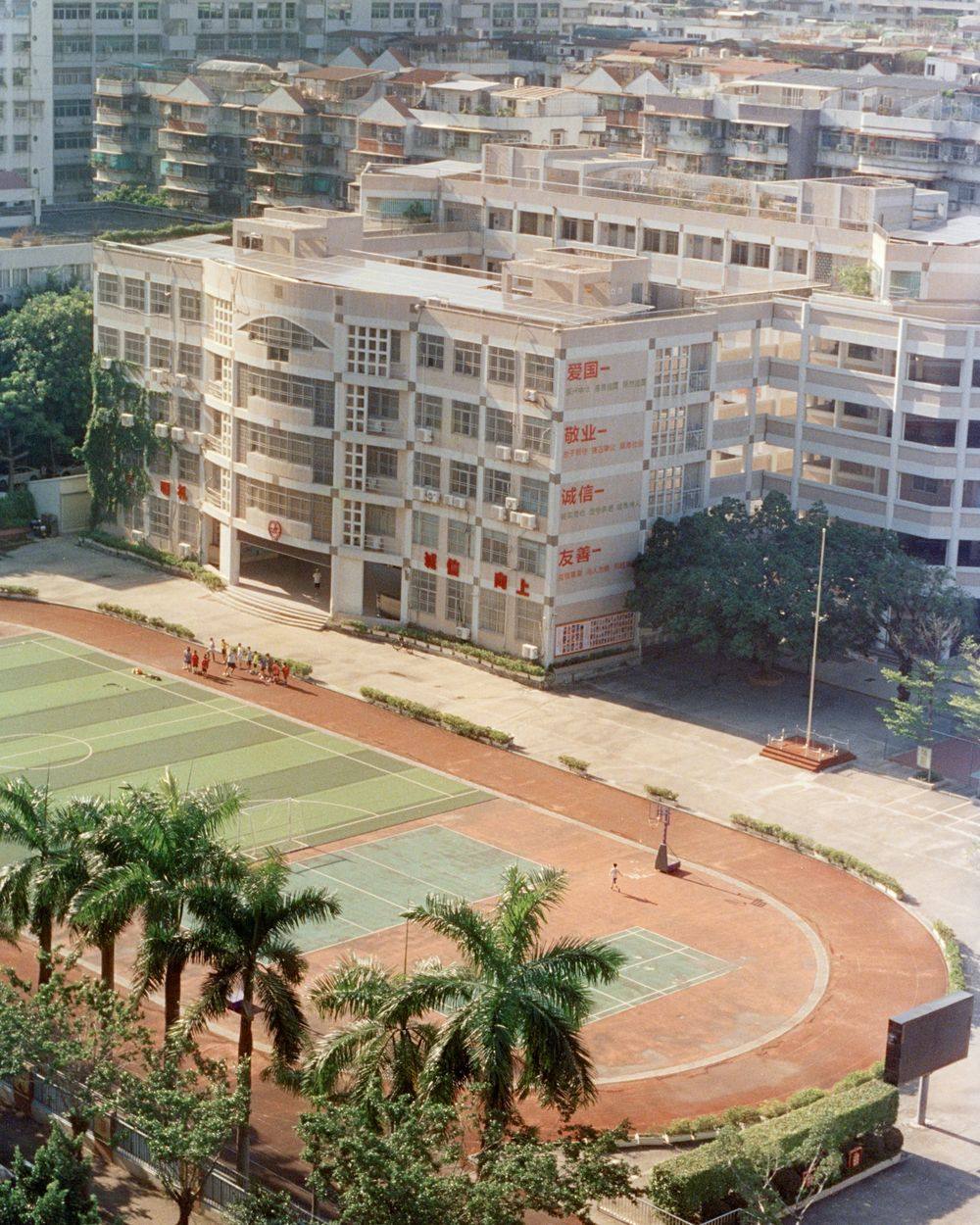 School buildings beside a running track and sports field lined with palm trees