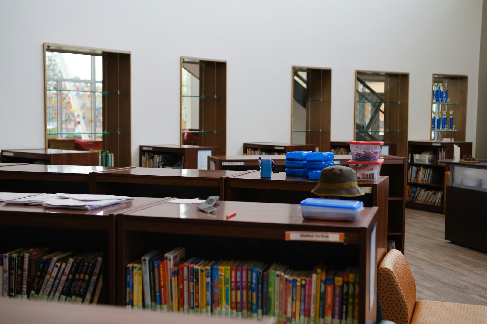 Wooden bookshelves full of colourful books in a bright school library with tall windows